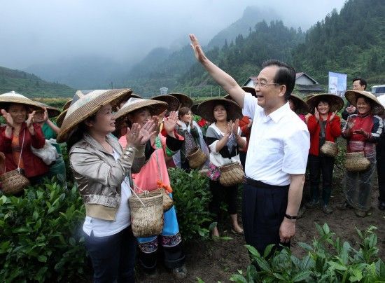 这是5月25日，温家宝走进古丈县双溪乡梳头溪村茶田，向采茶妇女招手致意并询问种茶收入等情况。新华社记者 庞兴雷 摄